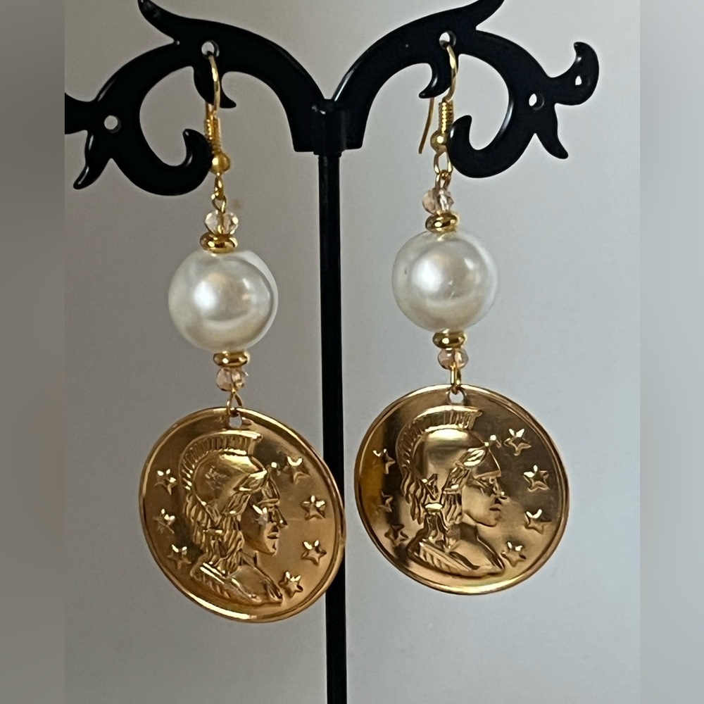 ** The Business** ~ Gold Coins Faux Pearl Earrings